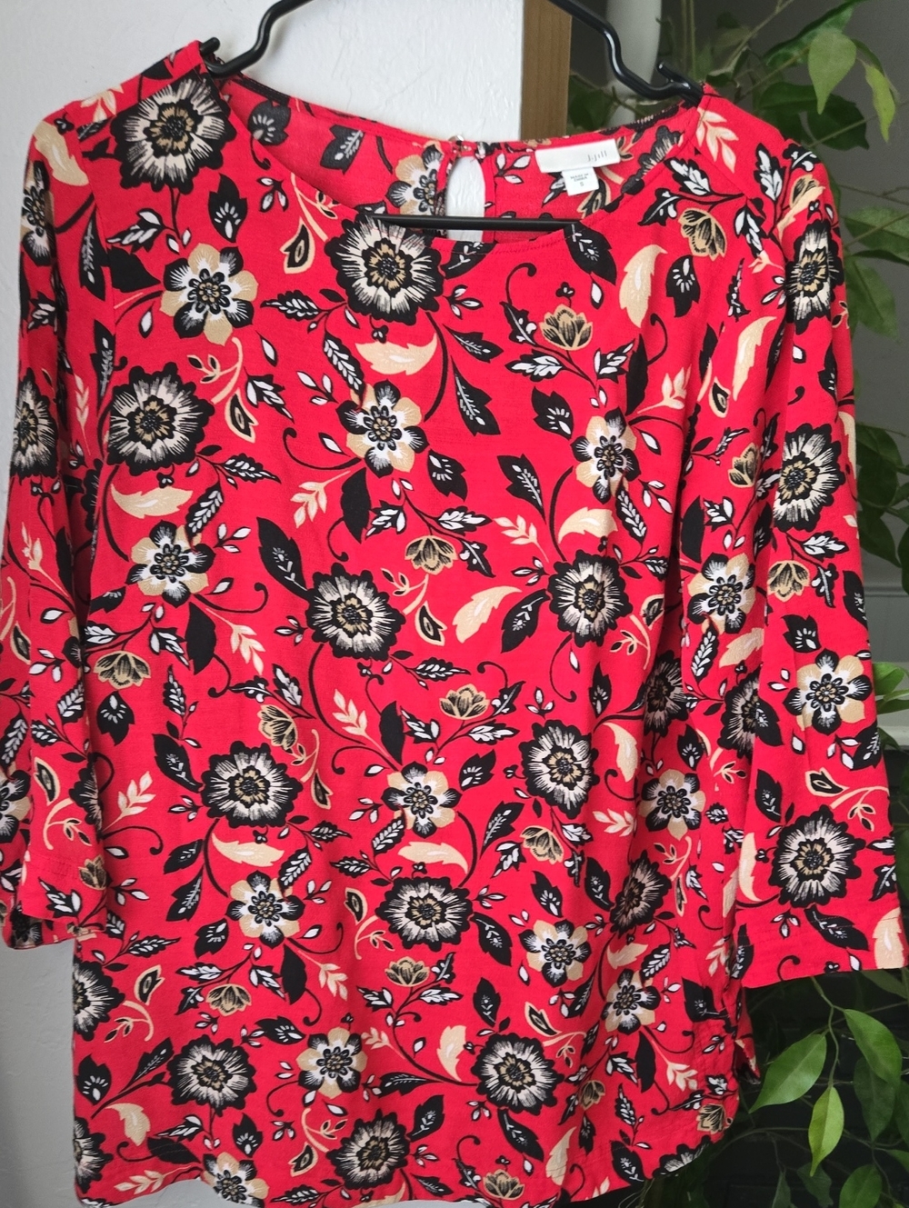 J. Jill Red Floral Top with Black & Cream Accents